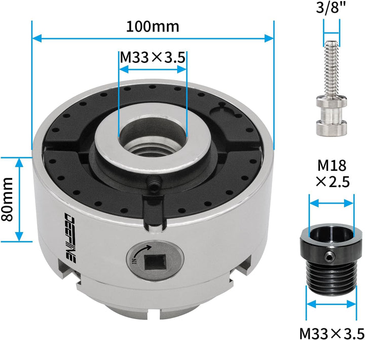 DEEFIINE Backenfutter Drechselfutter 100MM 4-Backen Spannfutter selbstzentrierend Drehfutter Drechse