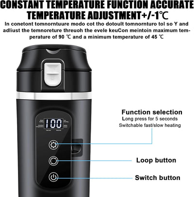 Auto-Heizbecher 500ml, 12V/24V Auto Wasserkocher mit LCD-Anzeige, 45-100W Tragbare Heizung Reise Was