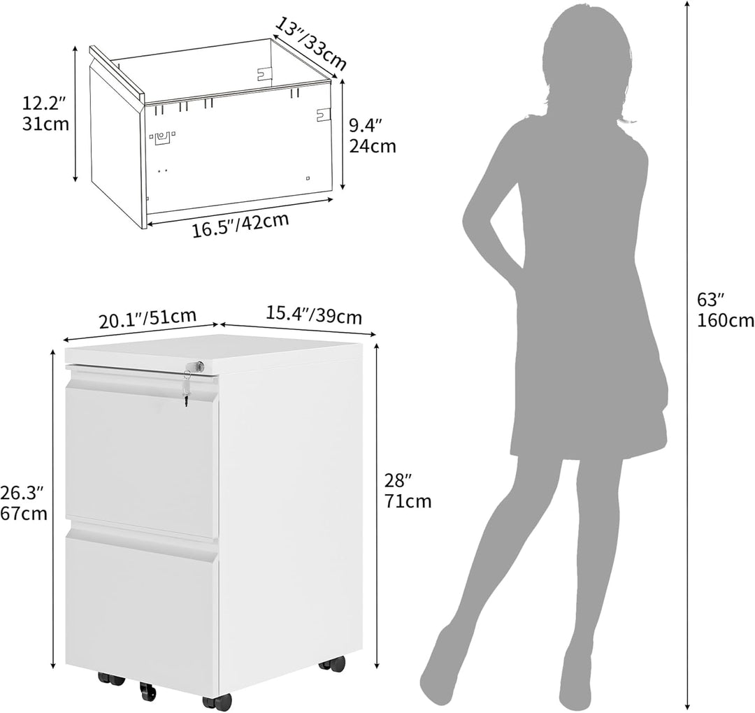 YITAHOME Mobiler Aktenschrank mit 2 abschliessbaren Schubladen, kippsicherer Roll-Aktenschrank mit R