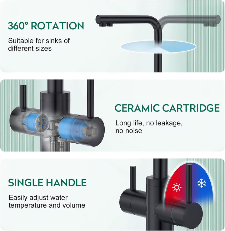 CREA 3 Wege Wasserhahn Küche Schwarz, 360° Drehbar Küchenarmatur, 3 in 1 Mischbatterie Küche für Was