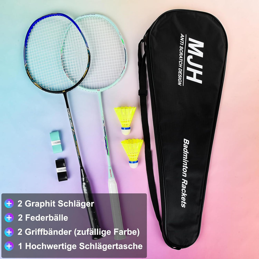 MANJHONG Graphit Badmintonschläger Set 2er Kratzfestes Rahmendesign Leichtgewicht Freizeit Federball