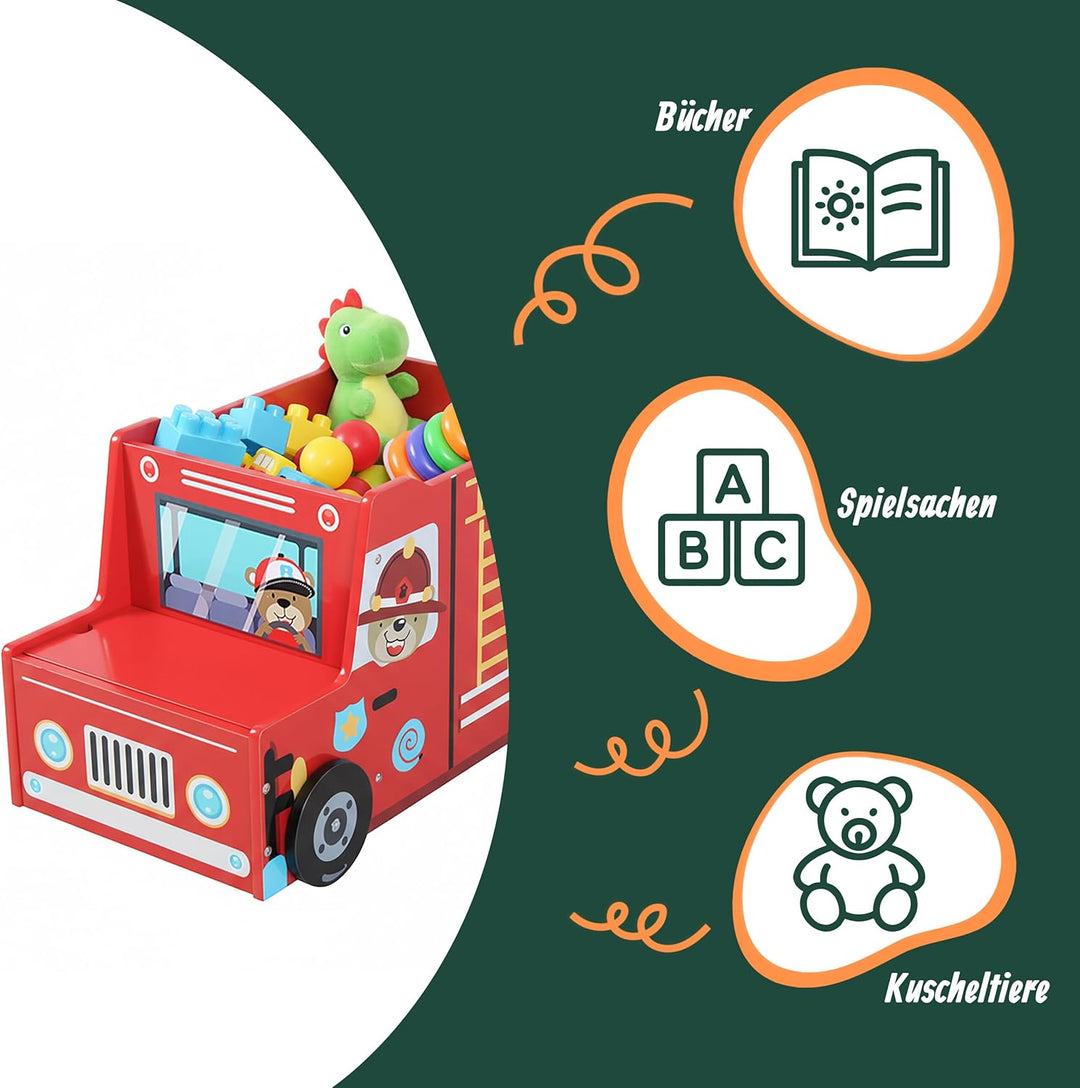 Relaxdays Spielzeugkiste Feuerwehr, Kinderzimmer, HBT: 34 x 60 x 32 cm, Spielzeugbox mit Stauraum &