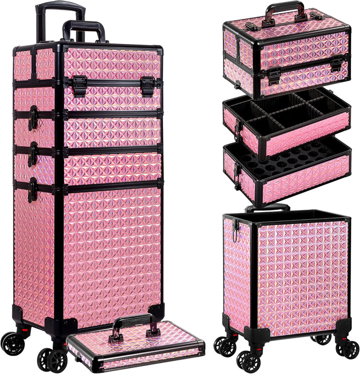 Arous 5-in-1 Profi-Kosmetikkoffer, Aluminium, mit 360° drehbaren Rädern Rosa, Rosa