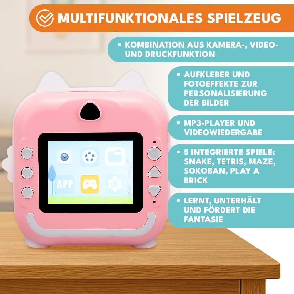 Mini Sofortbildkamera mit Drucker für Kinder – 2in1 Digitalkamera & Fotodrucker - Bluetooth, Spiele,
