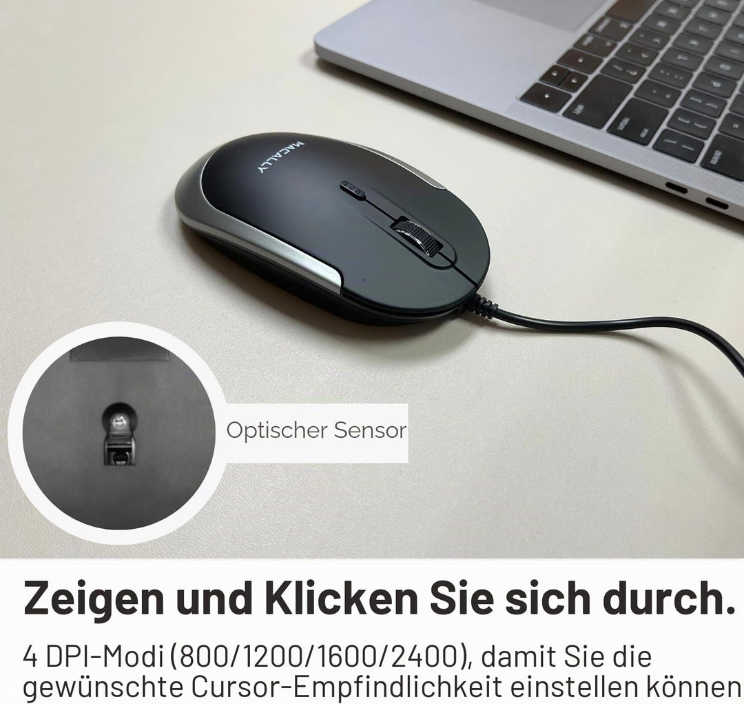 Macally DYNAMOUSE, MacBook Maus mit 3 Tasten und Scrollrad, optisch mit Kabel, Mouse für USB-A Noteb