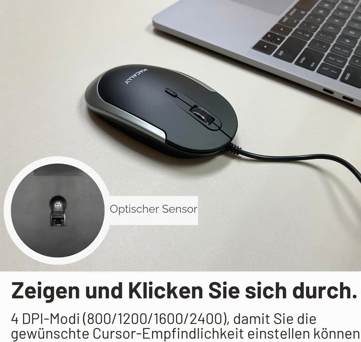Macally DYNAMOUSE, MacBook Maus mit 3 Tasten und Scrollrad, optisch mit Kabel, Mouse für USB-A Noteb