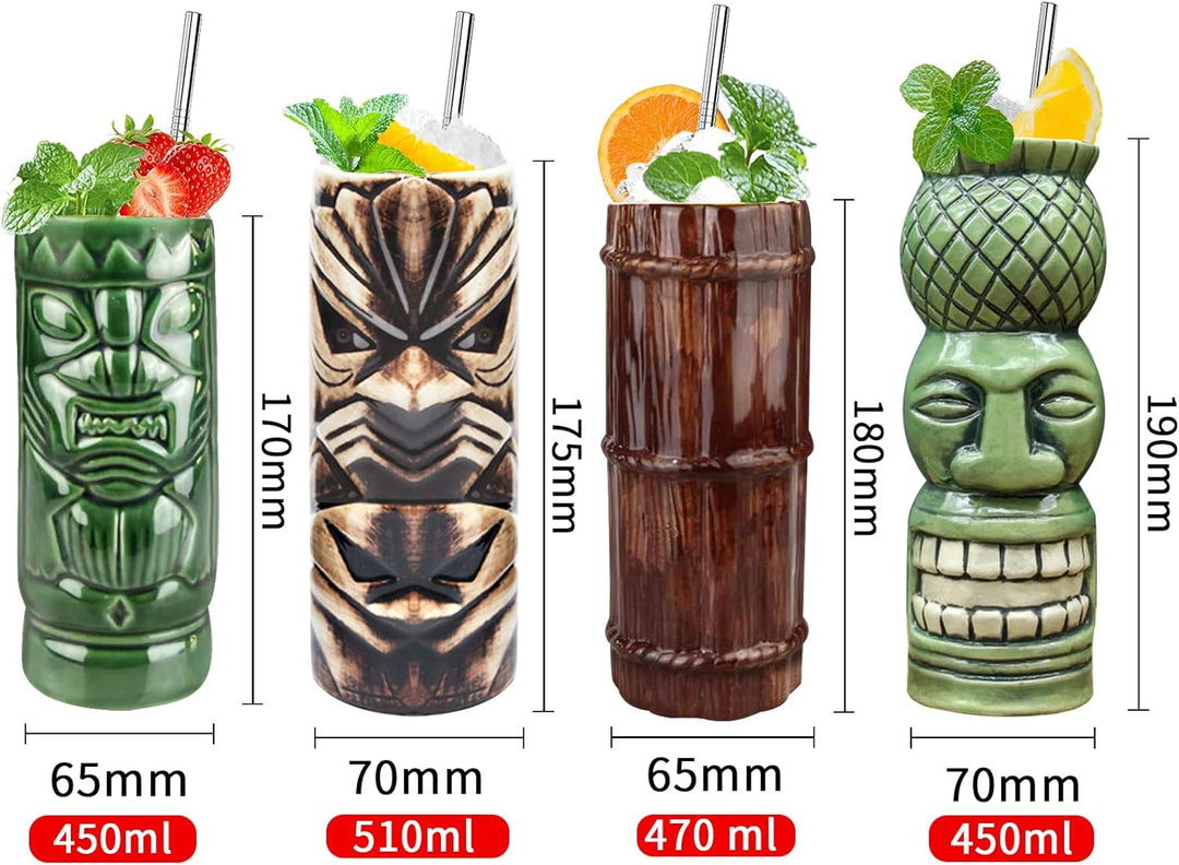 Tiki-Gläser für Cocktails, Tiki-Tassen, 4 Stück, grosse Keramik-Tiki-Becher, tropische Hawaii-Party,