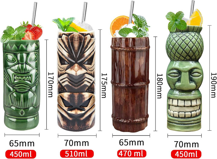 Tiki-Gläser für Cocktails, Tiki-Tassen, 4 Stück, grosse Keramik-Tiki-Becher, tropische Hawaii-Party,