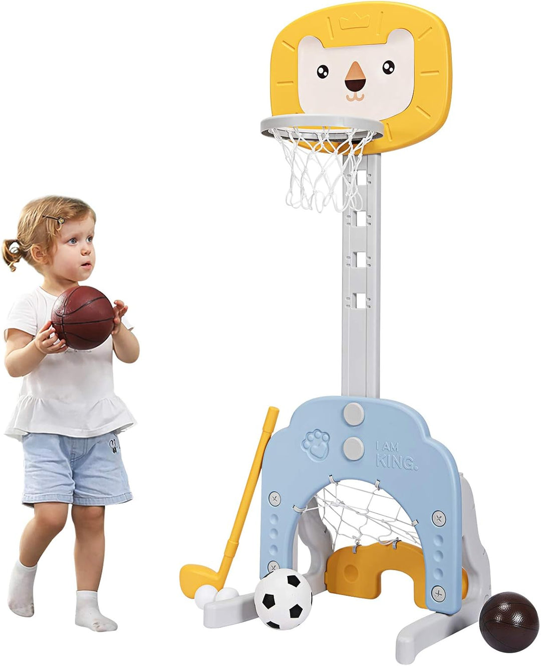 COSTWAY 3 in 1 Kinder Spielplatz, höhenverstellbarer Basketballkorb & Fussballtor & Golf, Basketball