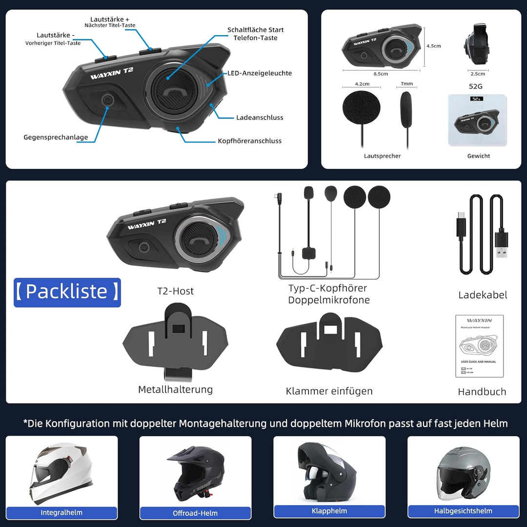 WAYXIN T2 Motorrad Headset mit Gegensprechanlage,Helm Kommunikationssystem für 2 Personen in Reichwe