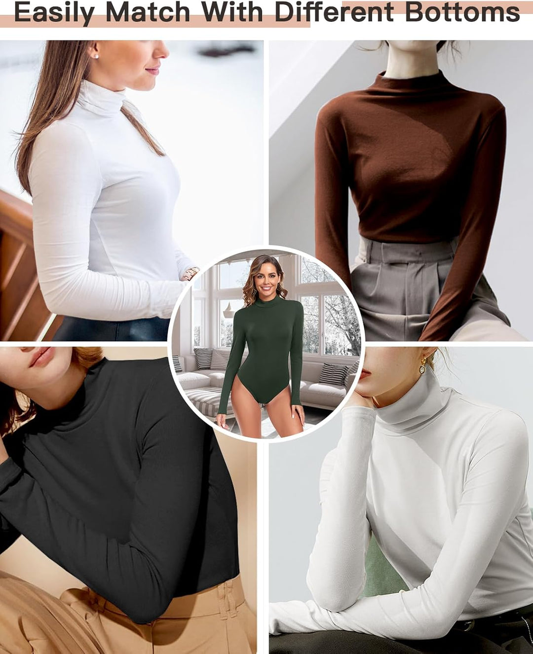 WOWENY Damen Body Langarm mit Stehkragen - Thermo Bodysuit Fleece Oberteile Shirts Rolli Pullover Ro