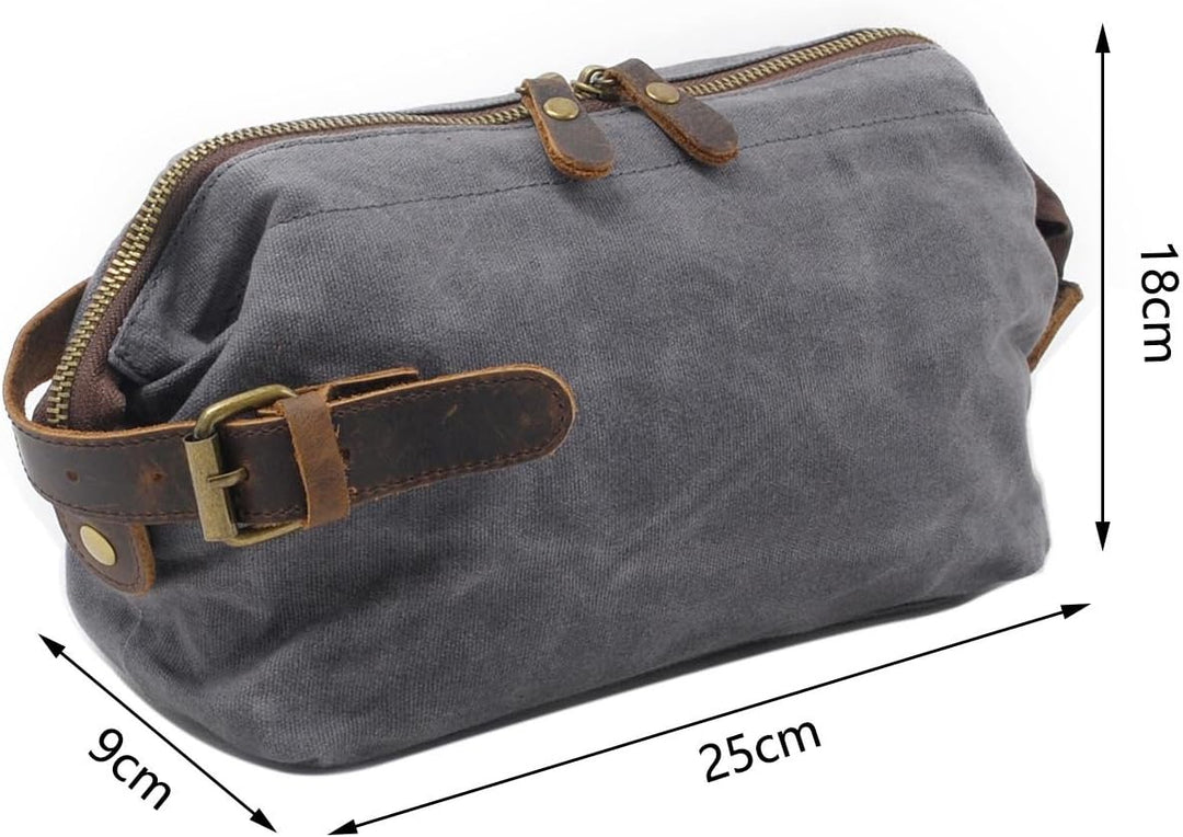 Neuleben Kulturtasche Wasserdicht Vintage Canvas Leder Damen Herren Kosmetiktasche Kulturbeutel für