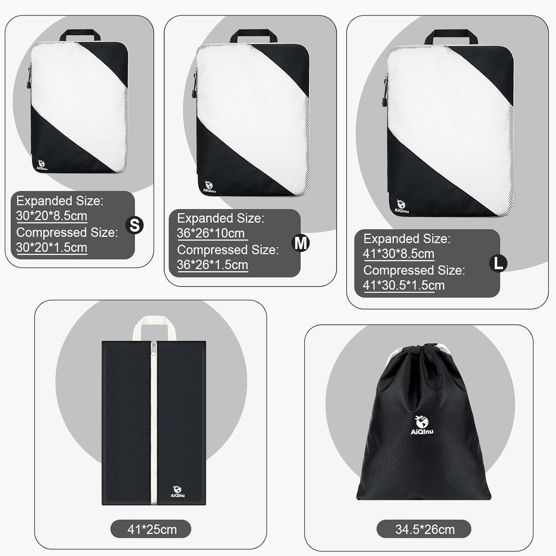 AiQInu Packing Cubes Compression, 5 Stück Packtaschen Kompression Koffer Organizer Set mit Wäschebeu