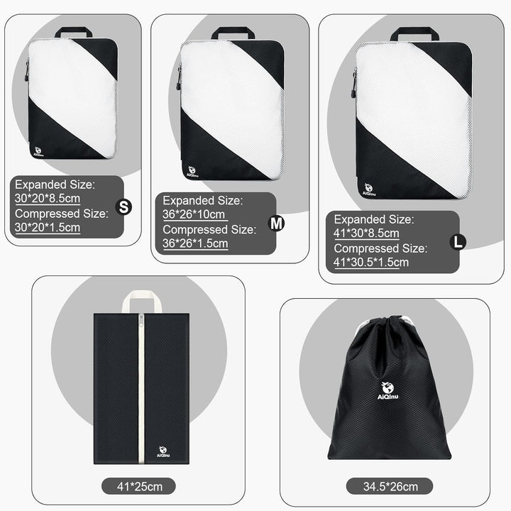 AiQInu Packing Cubes Compression, 5 Stück Packtaschen Kompression Koffer Organizer Set mit Wäschebeu