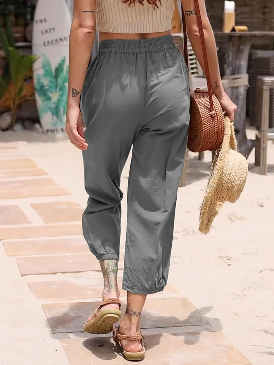Les umes Damen Baumwolle Capri Casual Hose Elastische Taille Sommer Hose Haremhose mit Grau XXL, Gra