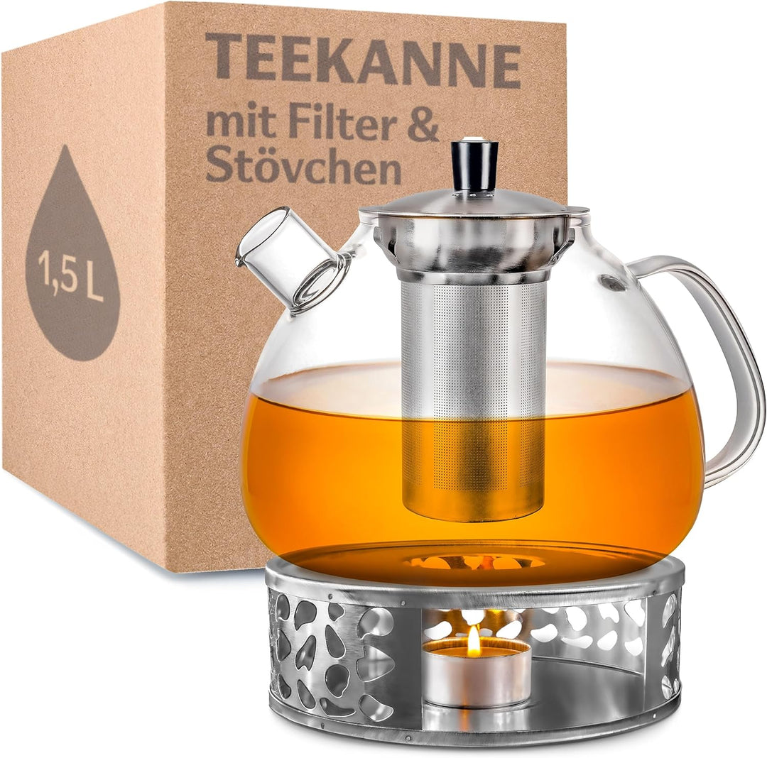 Cosumy Teekanne mit Sieb und Stövchen - 1,5 Liter - Hält lange warm - Spülmaschinenfest - Glas Teebe
