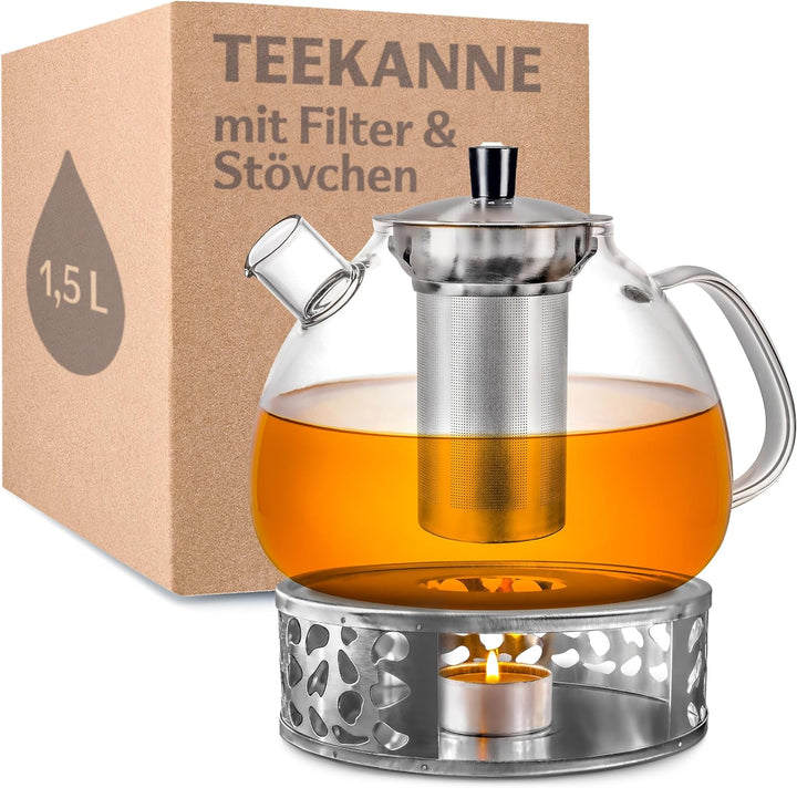 Cosumy Teekanne mit Sieb und Stövchen - 1,5 Liter - Hält lange warm - Spülmaschinenfest - Glas Teebe