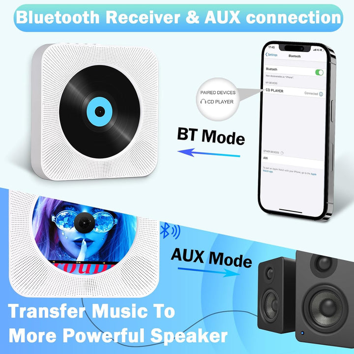 CD-Player mit HiFi-Lautsprecher,Wandmontierbarer Bluetooth-CD-Player für Zuhause FM-Radio/USB/Kopfhö