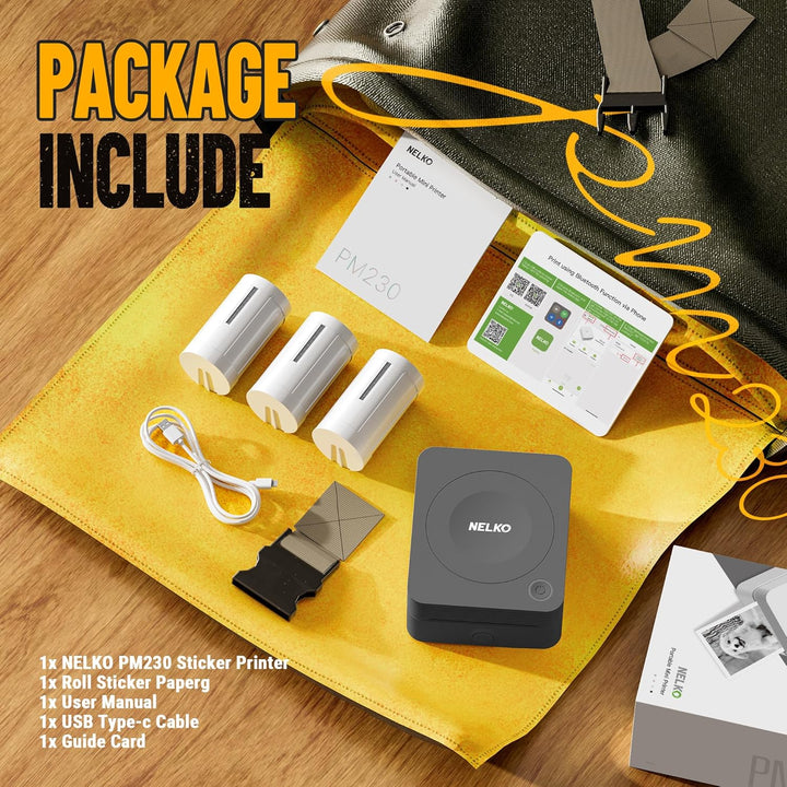 Nelko Aufkleber Drucker, PM230 Mini Drucker Bluetooth Portabel Sticker Maker mit 3 Rollen Papier, fü