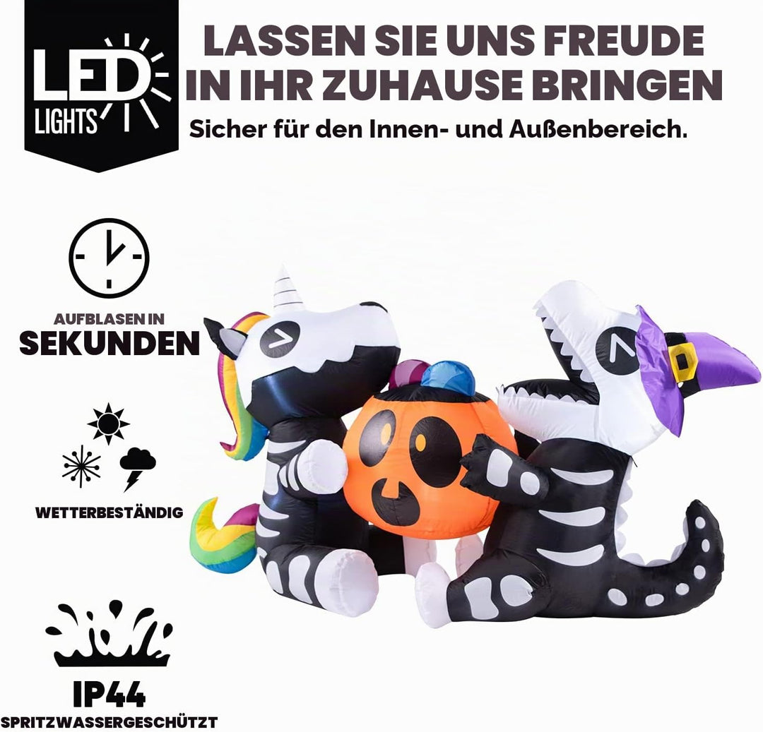 Joiedomi 1,8 m langes Halloween Aufblasbares Sitzendes Skelett Einhorn und Dinosaurier Halten Kürbis