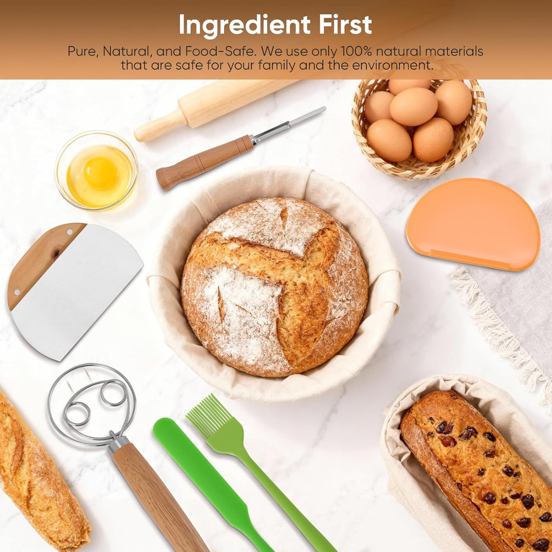 Sauerteig Set 21-teilig mit 2 Gärkörbchen & Glas – Komplettes Brotbackzubehör inkl. Gärkorb Rattan,