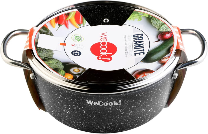 WECOOK! Granite Cazuela Alta Inducción Completa 20cm Tapa Vidrio, Aluminio Forjado 2,2 Litros, Antia