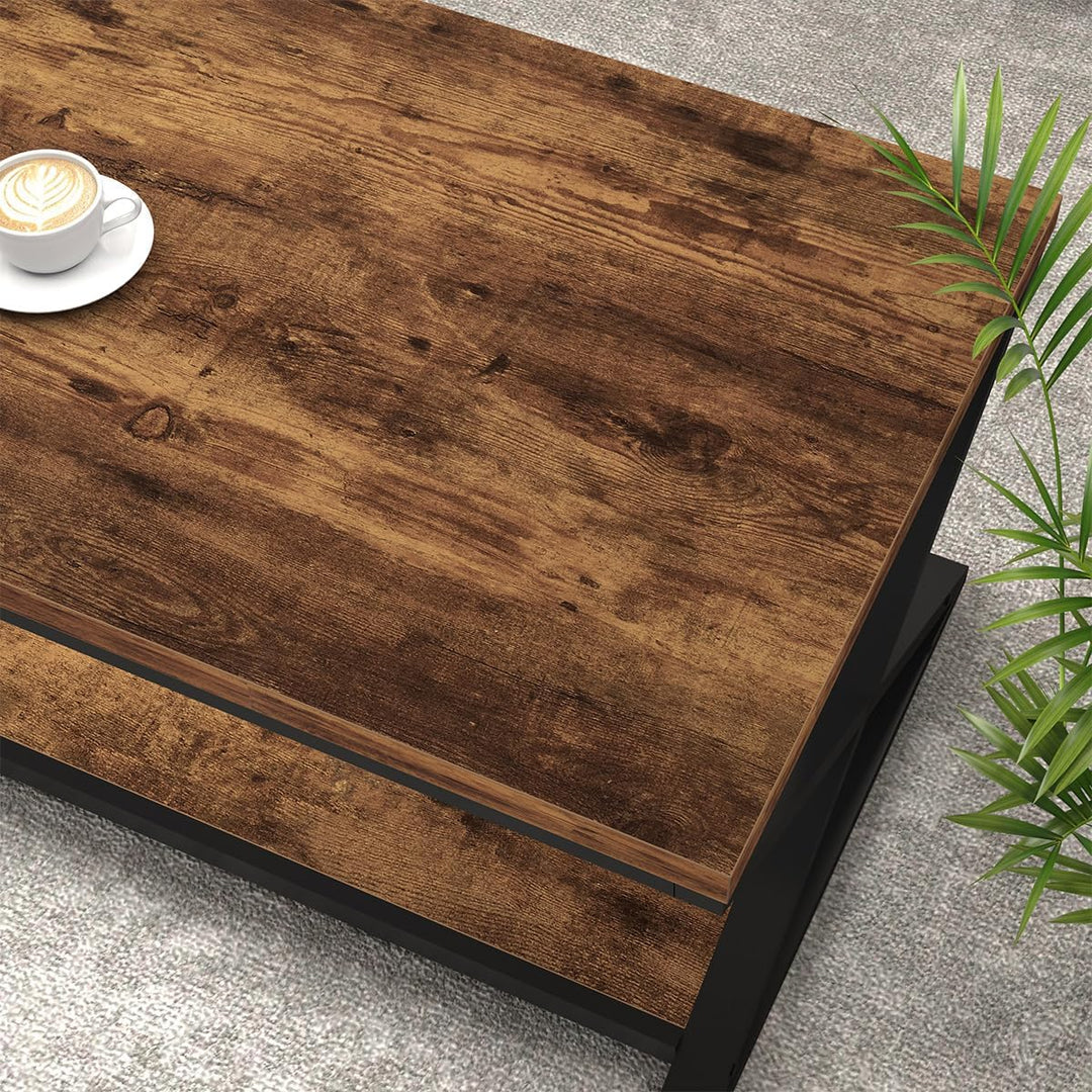 HSH Braun Couchtisch mit Ablage, industrieller Metall-Holz-Wohnzimmertisch, Bauernhaus, minimalistis