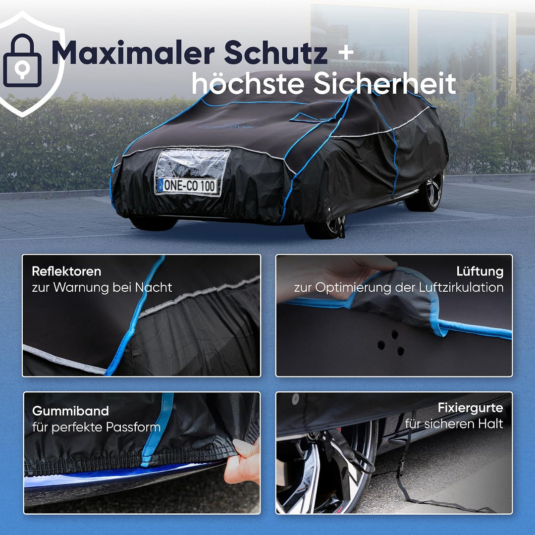 OneCover Premium Hagelschutz Auto Abdeckung – 4 mm Eva Polsterung, Ganzjahresschutz, Sturmfest, Refl