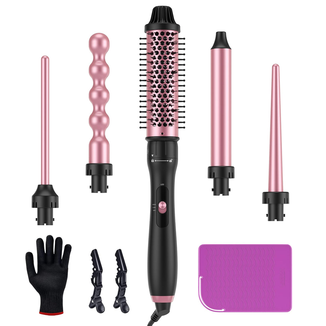 LANDOT Lockenstab mit Thermobürste 5-in-1 Set: Für Volumen & definierte Locken, 38mm Bürstenkopf & 4