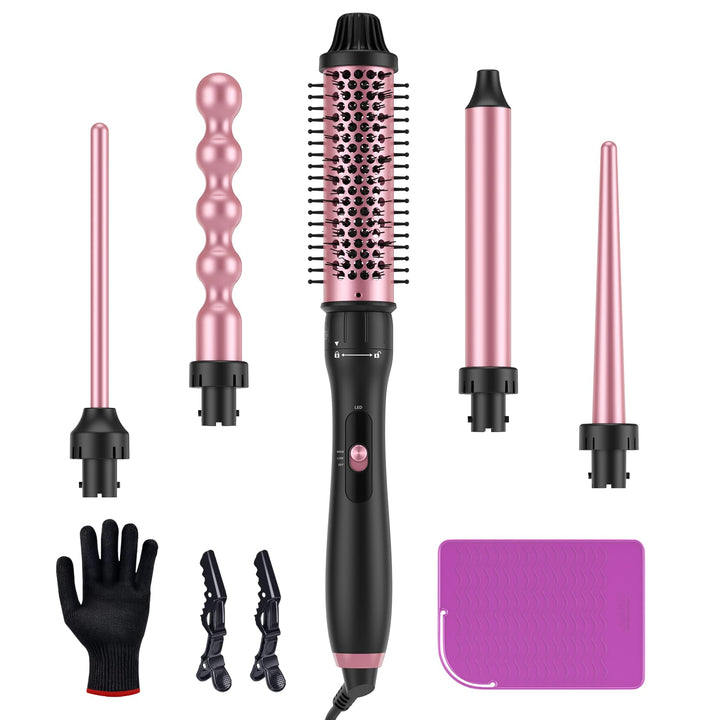 LANDOT Lockenstab mit Thermobürste 5-in-1 Set: Für Volumen & definierte Locken, 38mm Bürstenkopf & 4