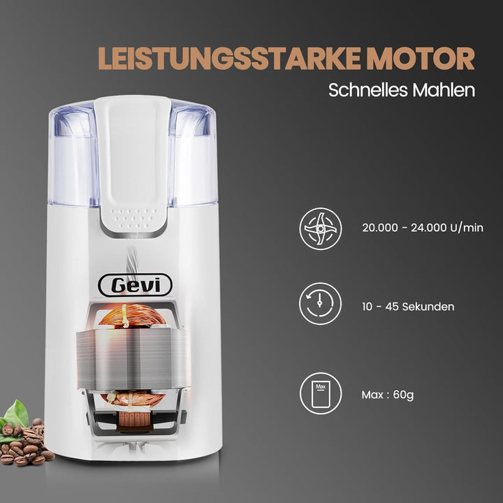 Gevi Kaffeemühle, schnelles Mahlen, einstellbarer Mahlgrad, Bohnenmesser aus Edelstahl, Sicherheitsa