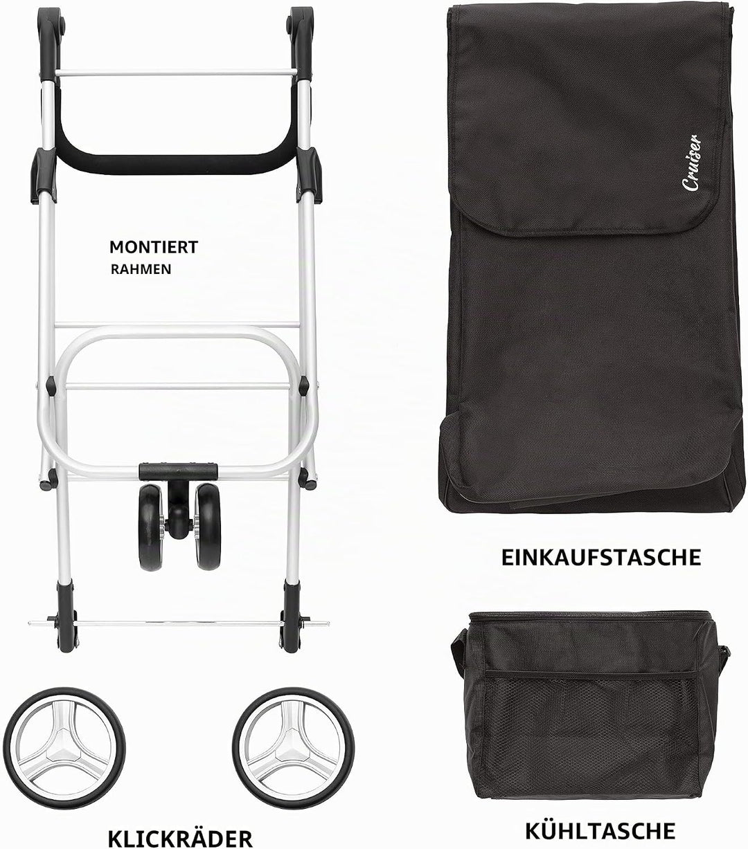 Cruiser Einkaufswagen 59 Liter mit 14 ltr Kuhltasche - 3 räder Einkaufstrolley (schwar) Schwarz, Sch