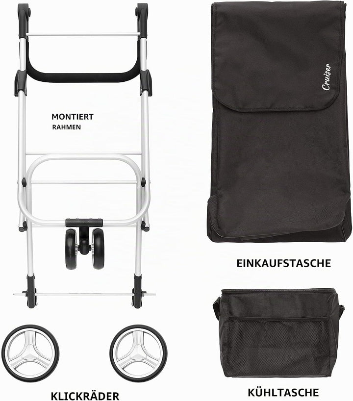 Cruiser Einkaufswagen 59 Liter mit 14 ltr Kuhltasche - 3 räder Einkaufstrolley (schwar) Schwarz, Sch