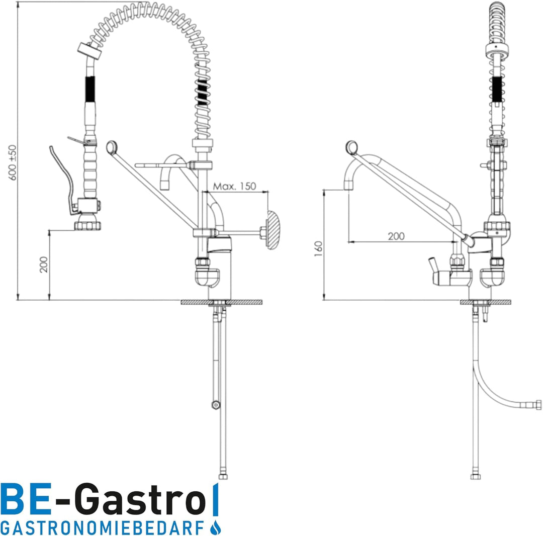 BE-GASTRO® I Profi Gastro Geschirrbrause „Premium“ inkl. Wasserhahn, Mischbatterie & ergonomischem L