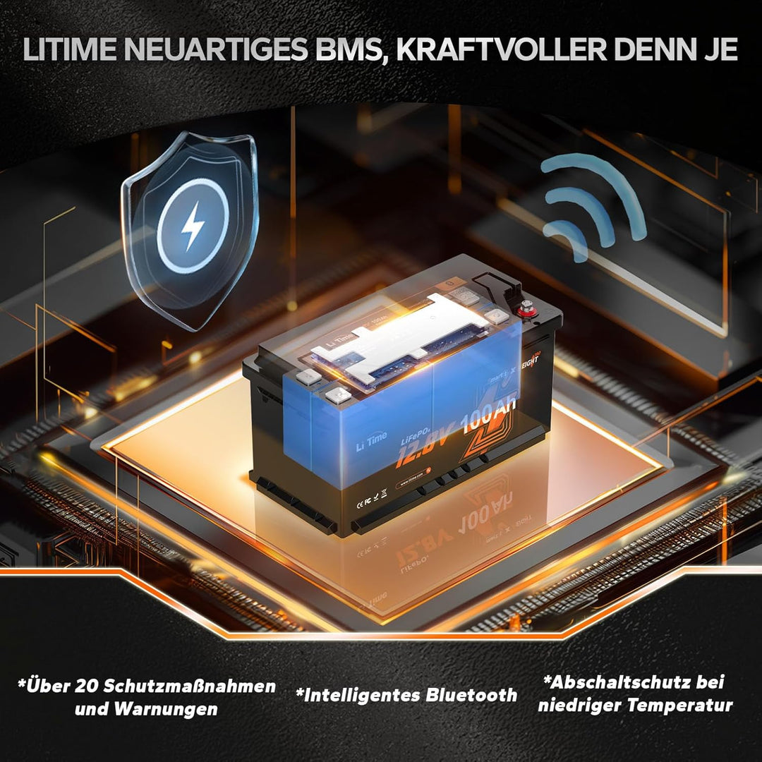 LiTime 12V 100Ah LiFePO4 Batterie Bluetooth H190, Wohnmobil-Untersitz DIN H8 L5 Grösse Gruppe 49, 10