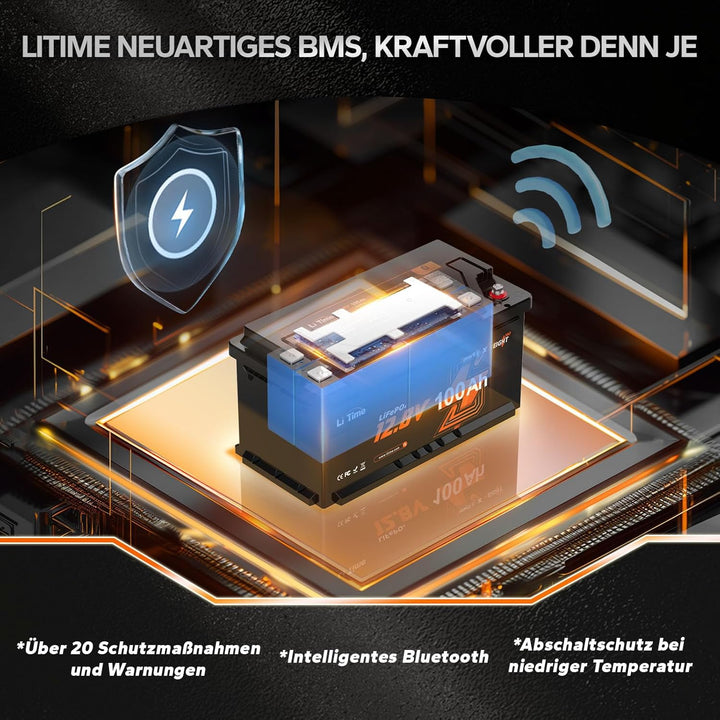 LiTime 12V 100Ah LiFePO4 Batterie Bluetooth H190, Wohnmobil-Untersitz DIN H8 L5 Grösse Gruppe 49, 10