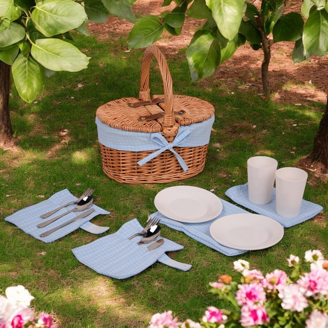 Picknickkorb Kinder Oval mit Ausstattung für 2 Personen Blau Oval Blau, Oval Blau
