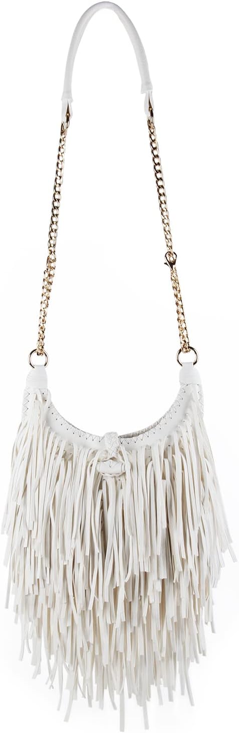 Damen handgefertigte Leder Franse Quaste Crossbody Hobo Schultertasche Umhängetaschen Weiss, Wei