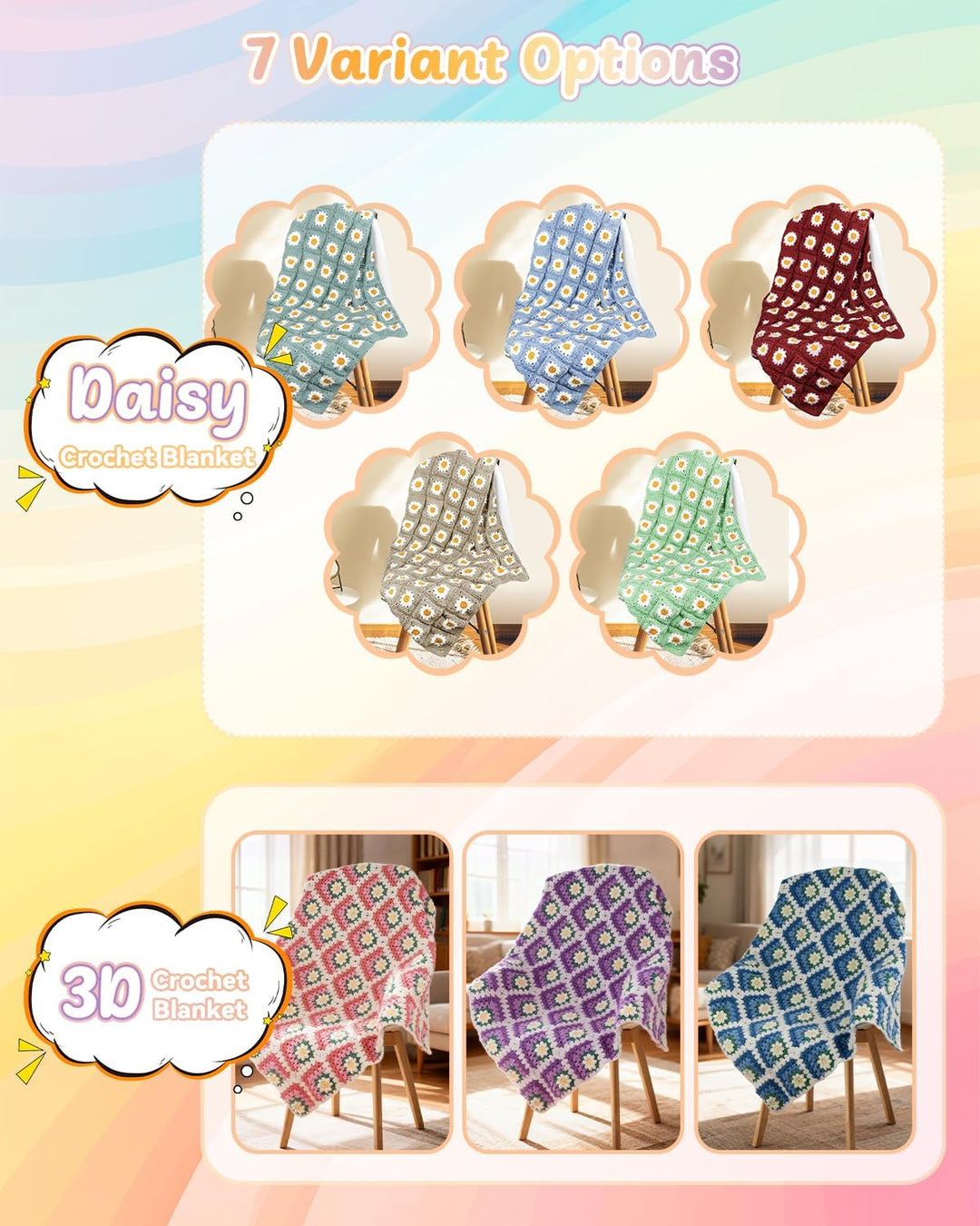 Coopay Granny Square Häkelset für Anfänger, Häkel Set für Gänseblümchen Decke 3D, Komplett Häkelset