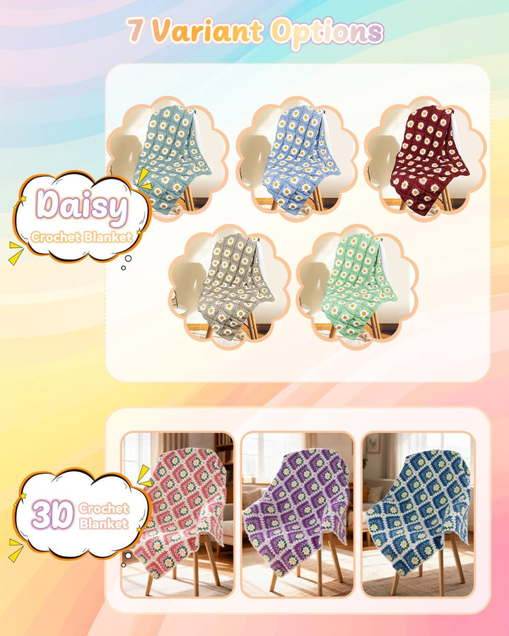 Coopay Granny Square Häkelset für Anfänger, Häkel Set für Gänseblümchen Decke 3D, Komplett Häkelset