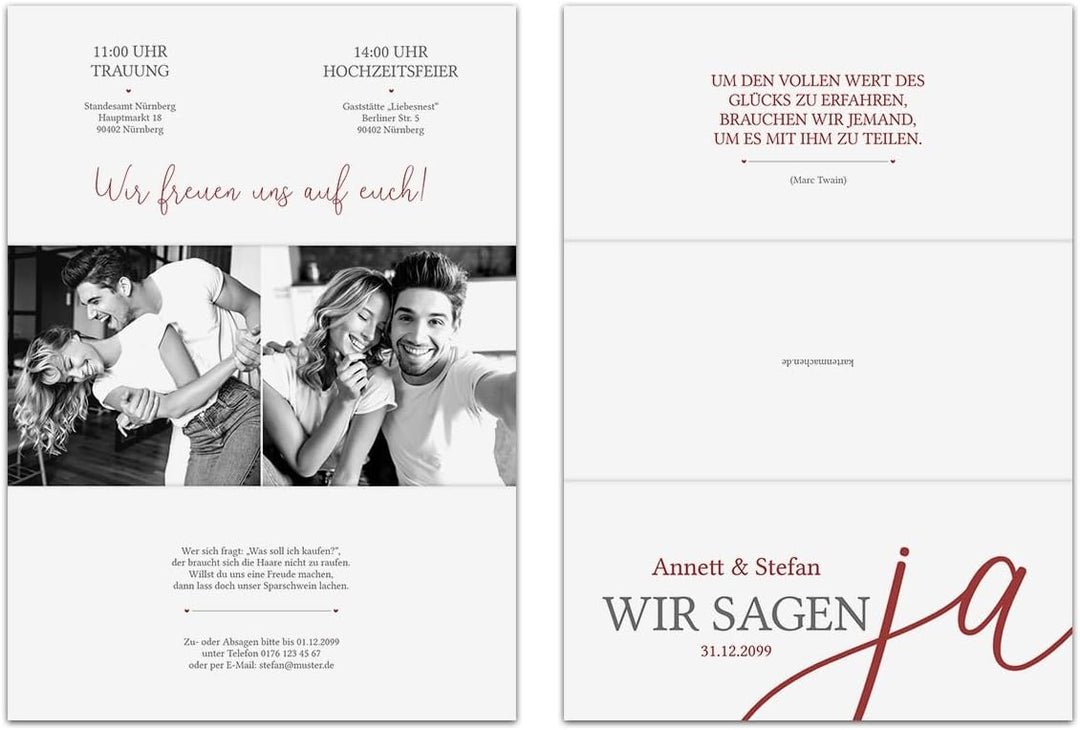 Kartenmachen.de 10 x Personalisierte Hochzeitseinladungen, Einladungskarten zur Hochzeit DIN Lang Wi