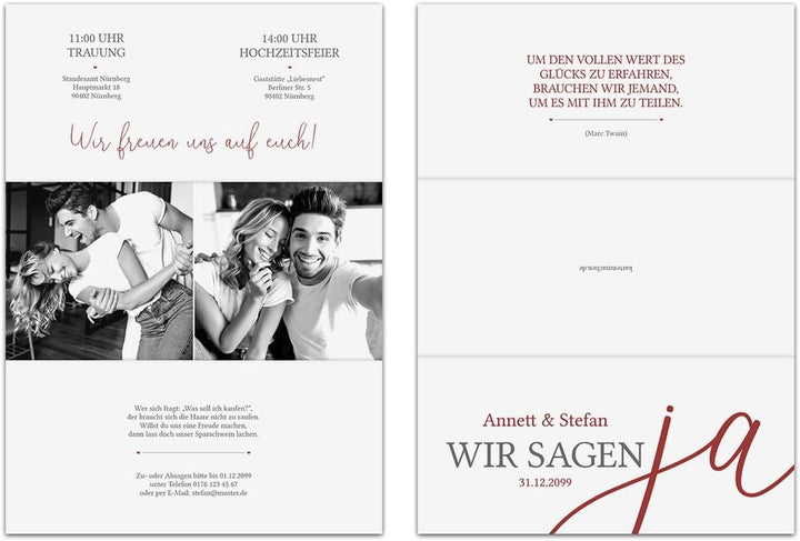 Kartenmachen.de 10 x Personalisierte Hochzeitseinladungen, Einladungskarten zur Hochzeit DIN Lang Wi
