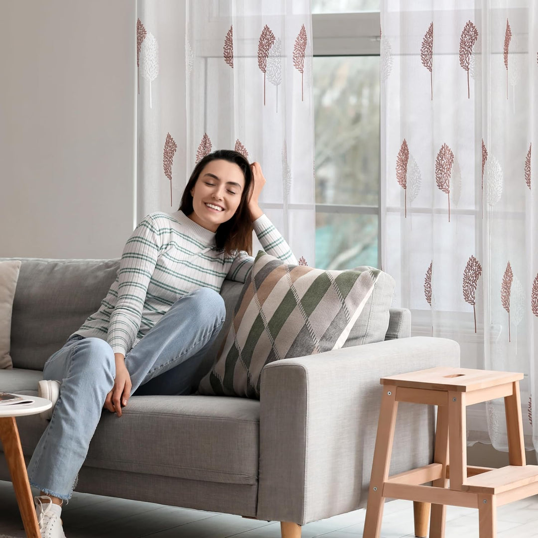 MIULEE Wohnzimmer Vorhänge Transparent mit Altrosa und Weiss Blätter Muster, Modern Stickerei Gardin