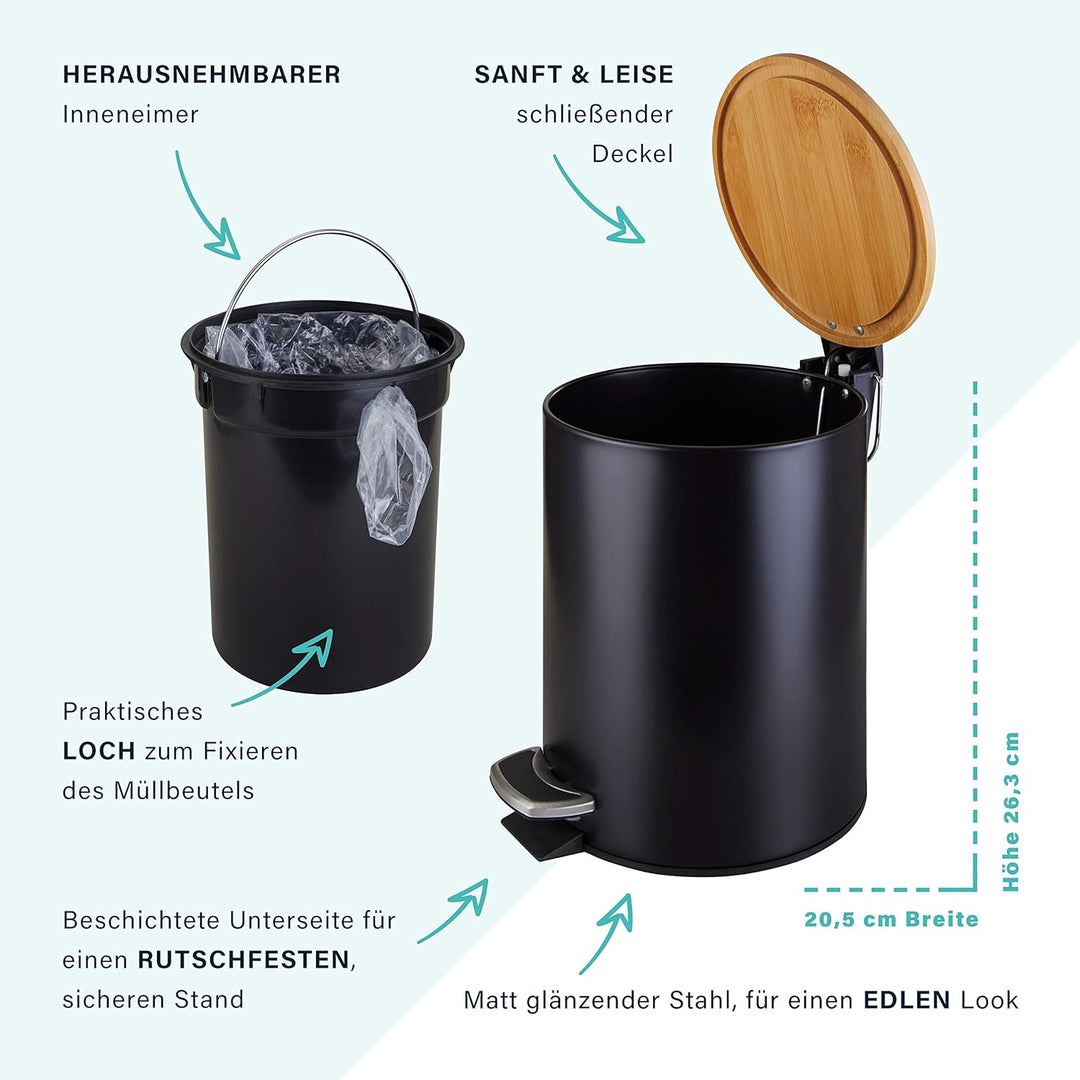 Kosmetikeimer aus Edelstahl mit Bambusdeckel (5 Liter, schwarz) - Badezimmer Abfalleimer mit Absenka