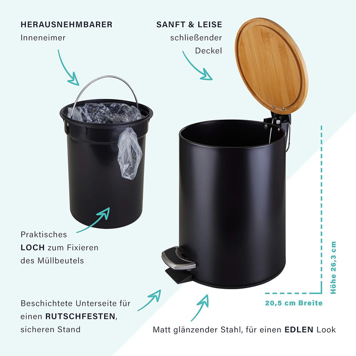 Kosmetikeimer aus Edelstahl mit Bambusdeckel (5 Liter, schwarz) - Badezimmer Abfalleimer mit Absenka
