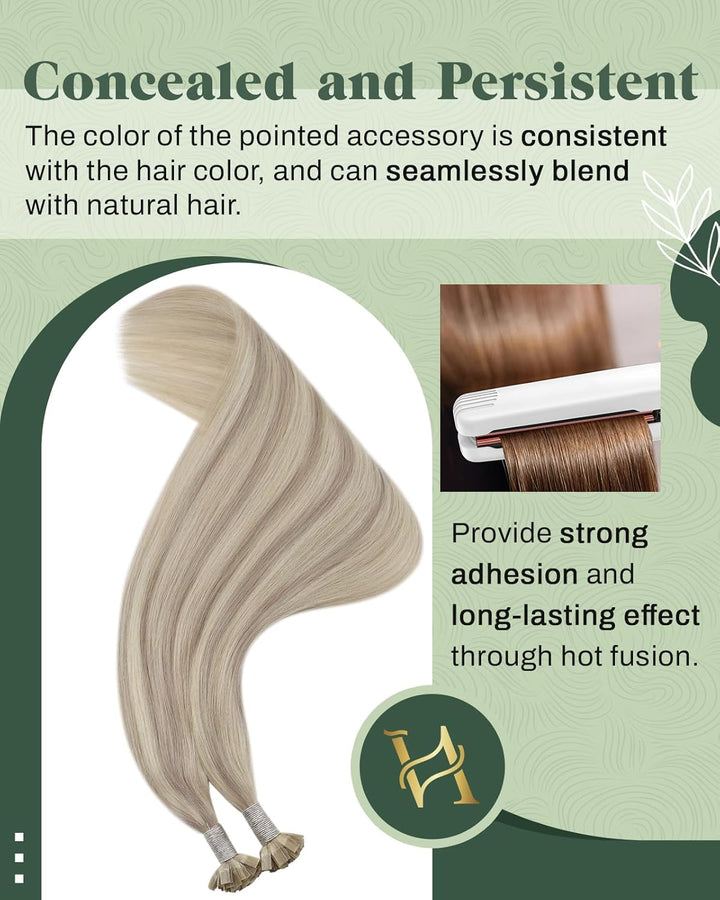 Ugeat Keratin Extensions Echthaar Flat Tip 45cm Keratin Haarverlängerung Echthaar Gesträhnt Aschblon