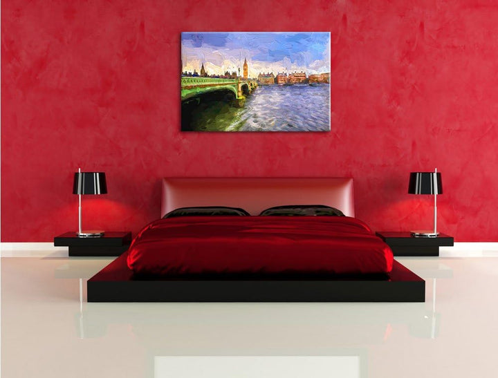 Pixxprint Big Ben mit Brücke in London Pinsel Effekt, Format: 100x70 auf Leinwand, XXL riesige Bilde