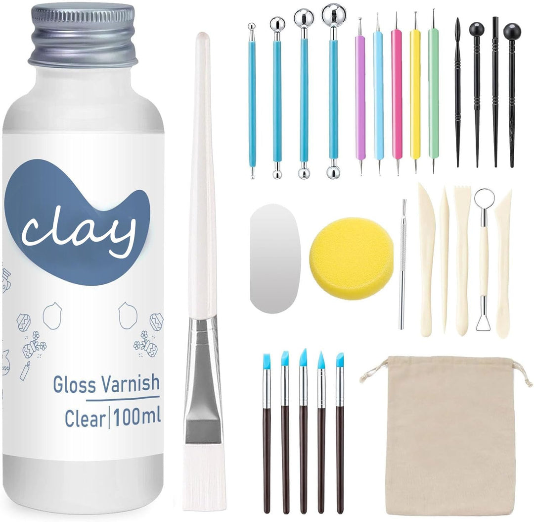 29Pcs Tonglasur mit lufttrocknendem Ton Werkzeug Set, Clay Varnish für Hoher Glanz, Kratzfest, Wasse