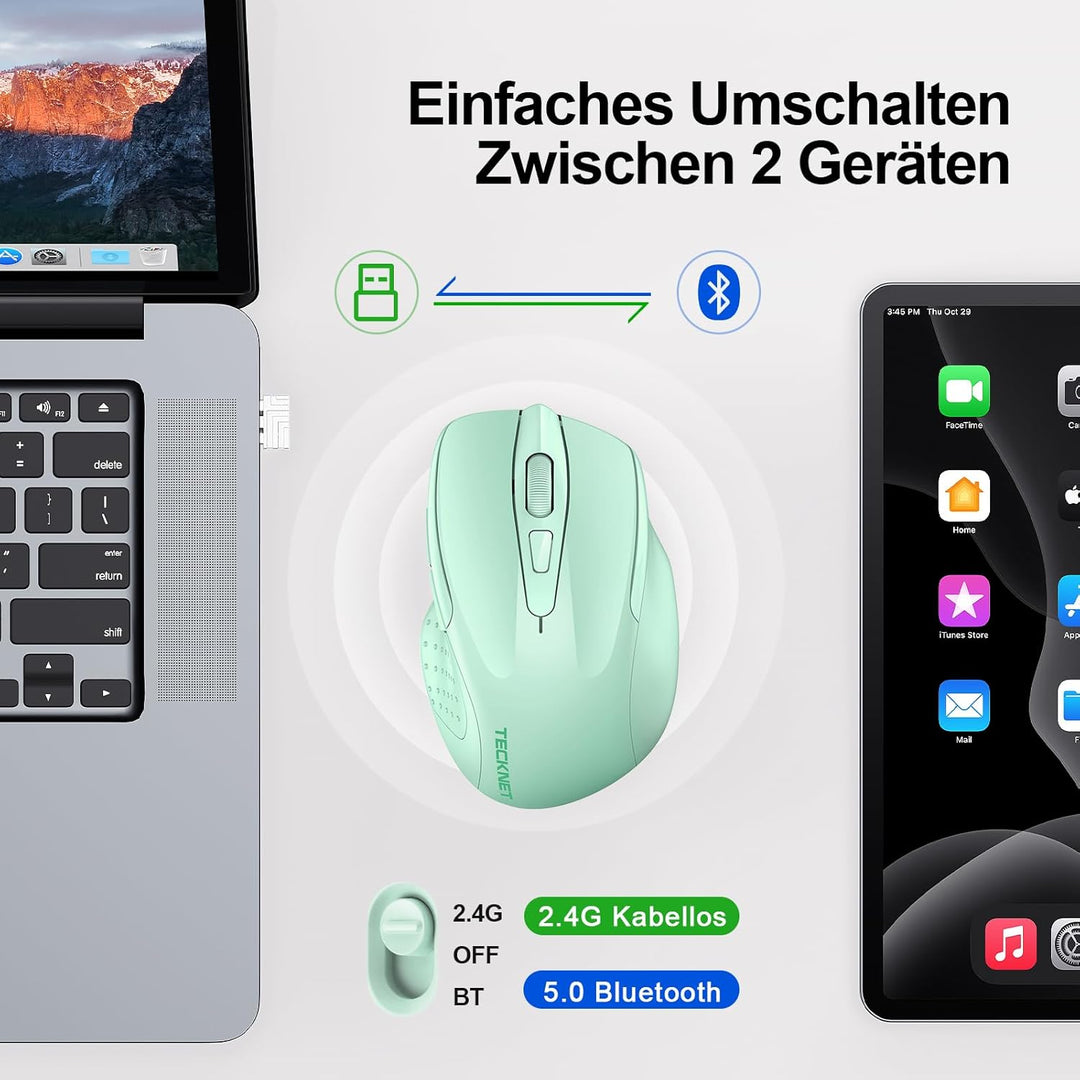 TECKNET Bluetooth Maus, Wiederaufladbare Maus Kabellos(DREI Modi: BT 5.0/3.0 + 2.4G), 4800 DPI, Ergo