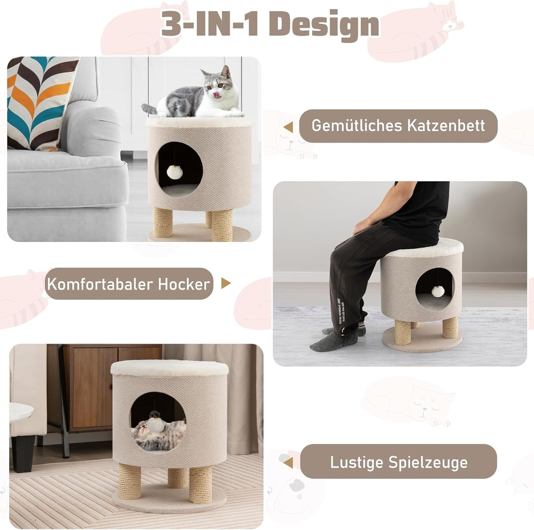 SOARS Kratztonne klein, Kratzbaum & Hocker, Katzenhöhle mit 3 Sisalstämmen & Spielball, Katzenbaum b